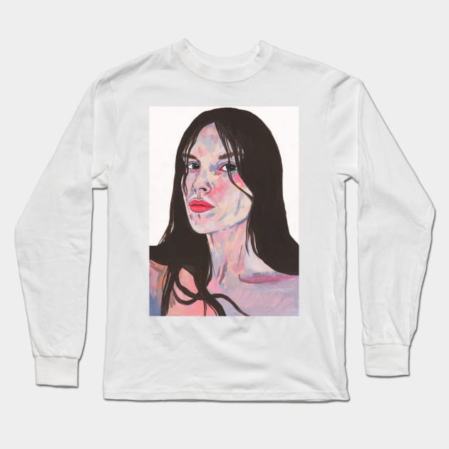 Gouache girl with black hair Long Sleeve T-Shirt by deadblackpony